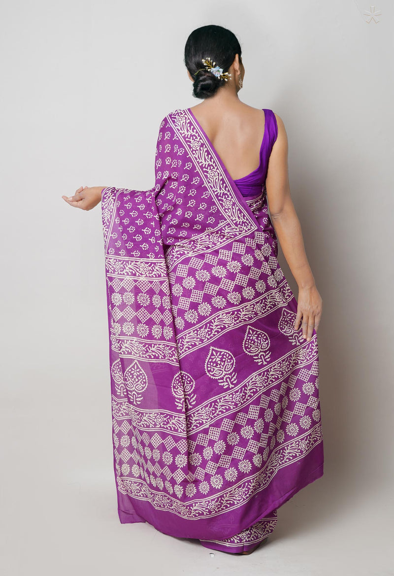 Purple Pure  Hand Block Printed Discharge Superfine Mulmul Cotton Saree-UNM73968