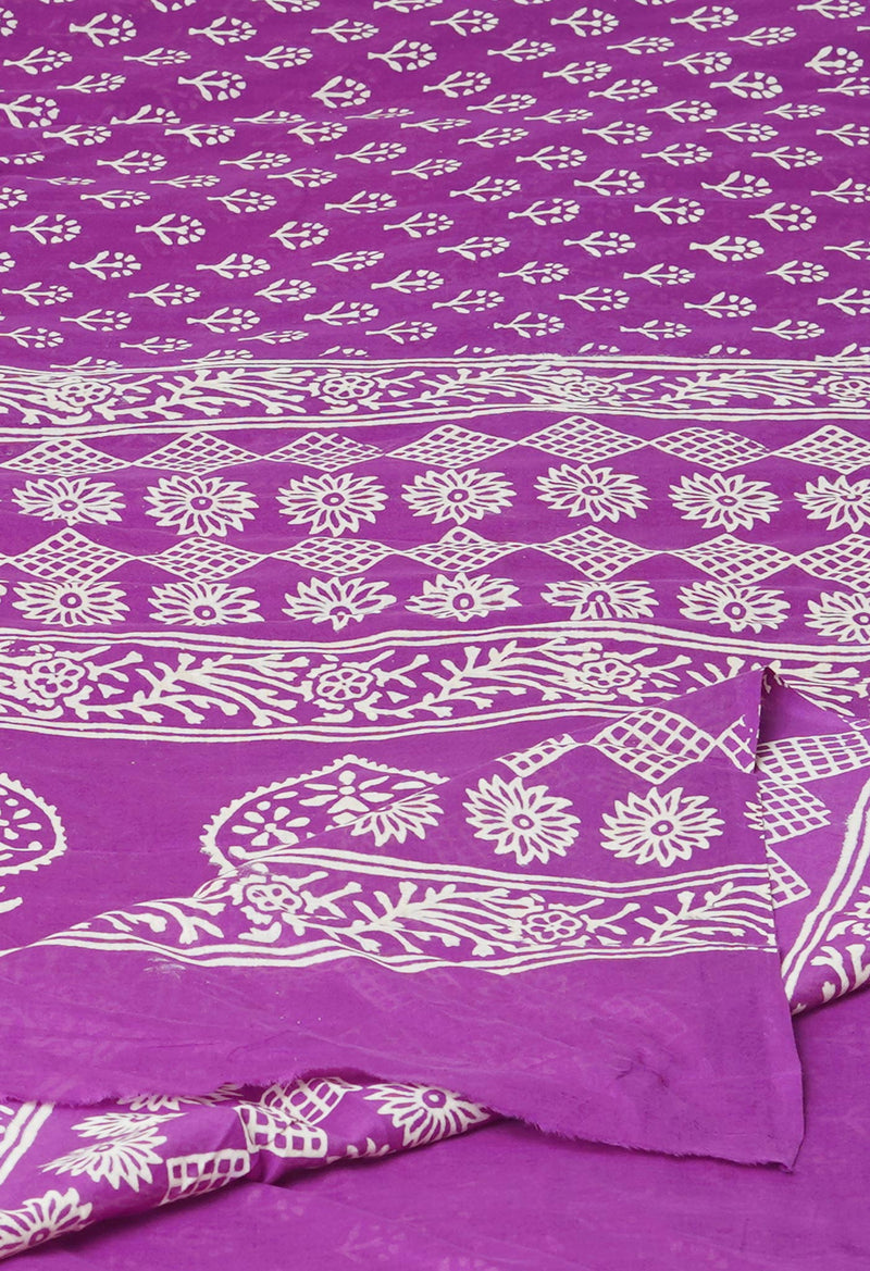 Purple Pure  Hand Block Printed Discharge Superfine Mulmul Cotton Saree-UNM73968