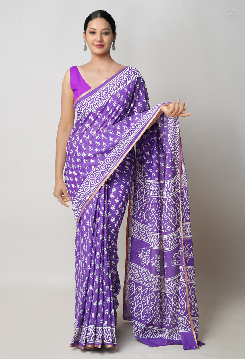 Violet Pure  Hand Block Printed Discharge Superfine Mulmul Cotton Saree-UNM73976