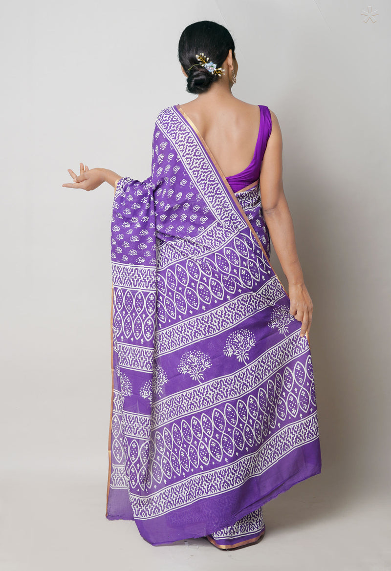 Violet Pure  Hand Block Printed Discharge Superfine Mulmul Cotton Saree-UNM73976
