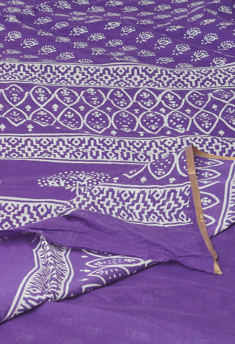 Violet Pure  Hand Block Printed Discharge Superfine Mulmul Cotton Saree-UNM73976