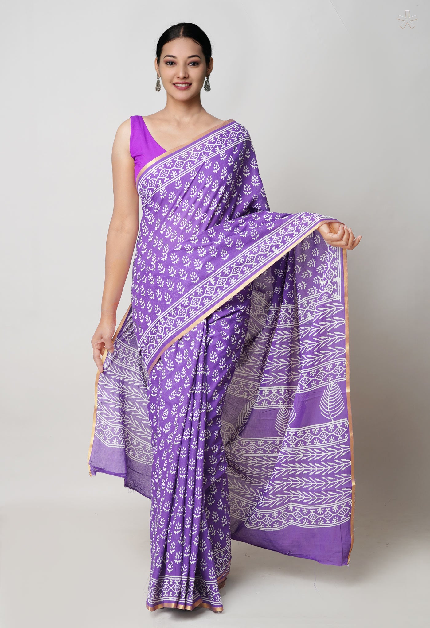 Violet Pure Hand Block Printed Soft Cotton Saree