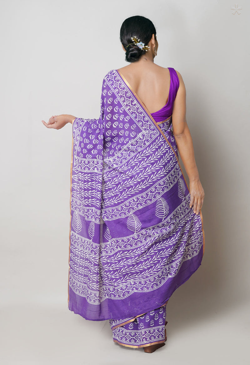 Violet Pure  Hand Block Printed Discharge Superfine Mulmul Cotton Saree-UNM73981