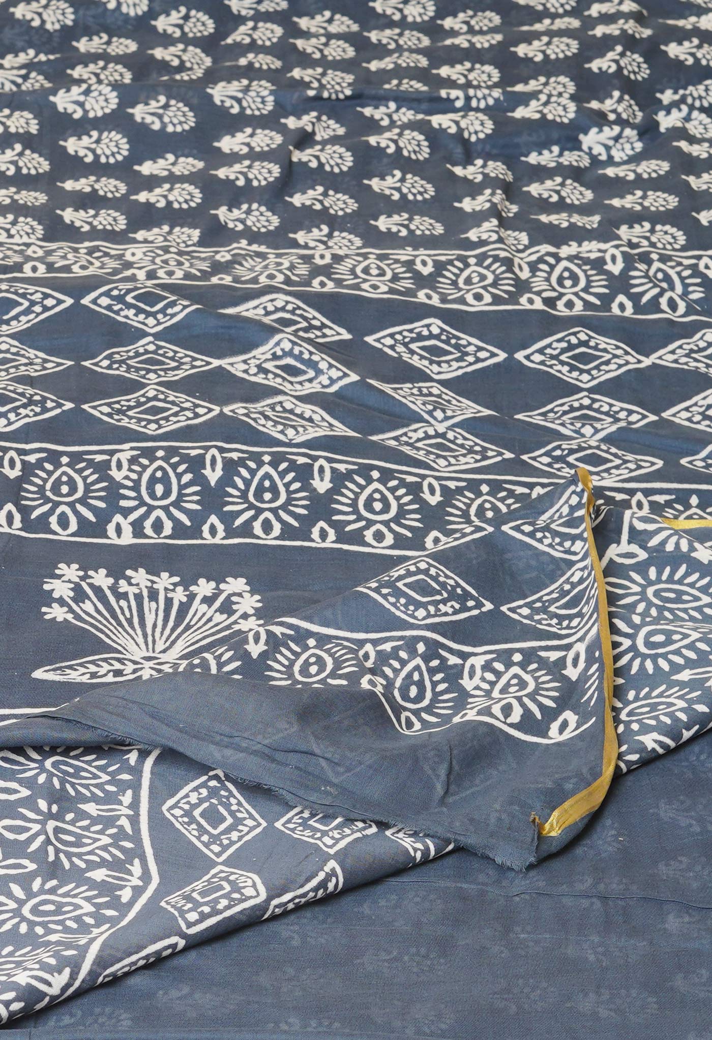 Grey Pure Hand Block Printed Soft Cotton Saree