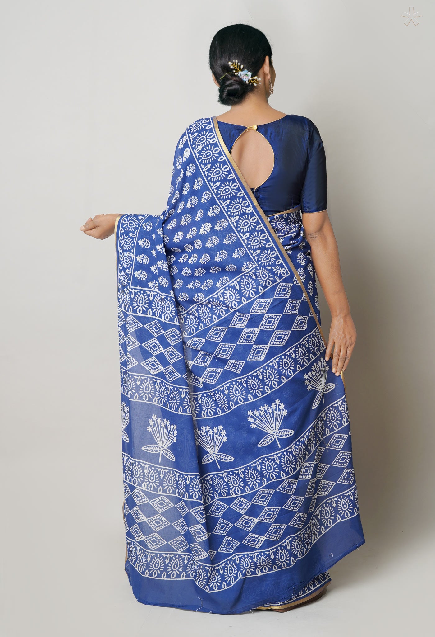 Blue Pure Hand Block Printed Soft Cotton Saree