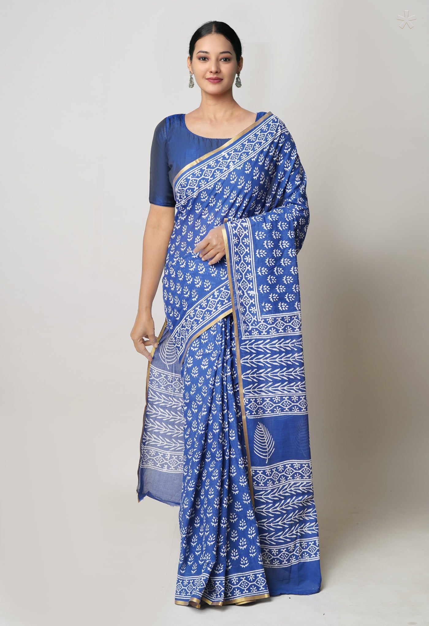 Blue Pure Hand Block Printed Soft Cotton Saree
