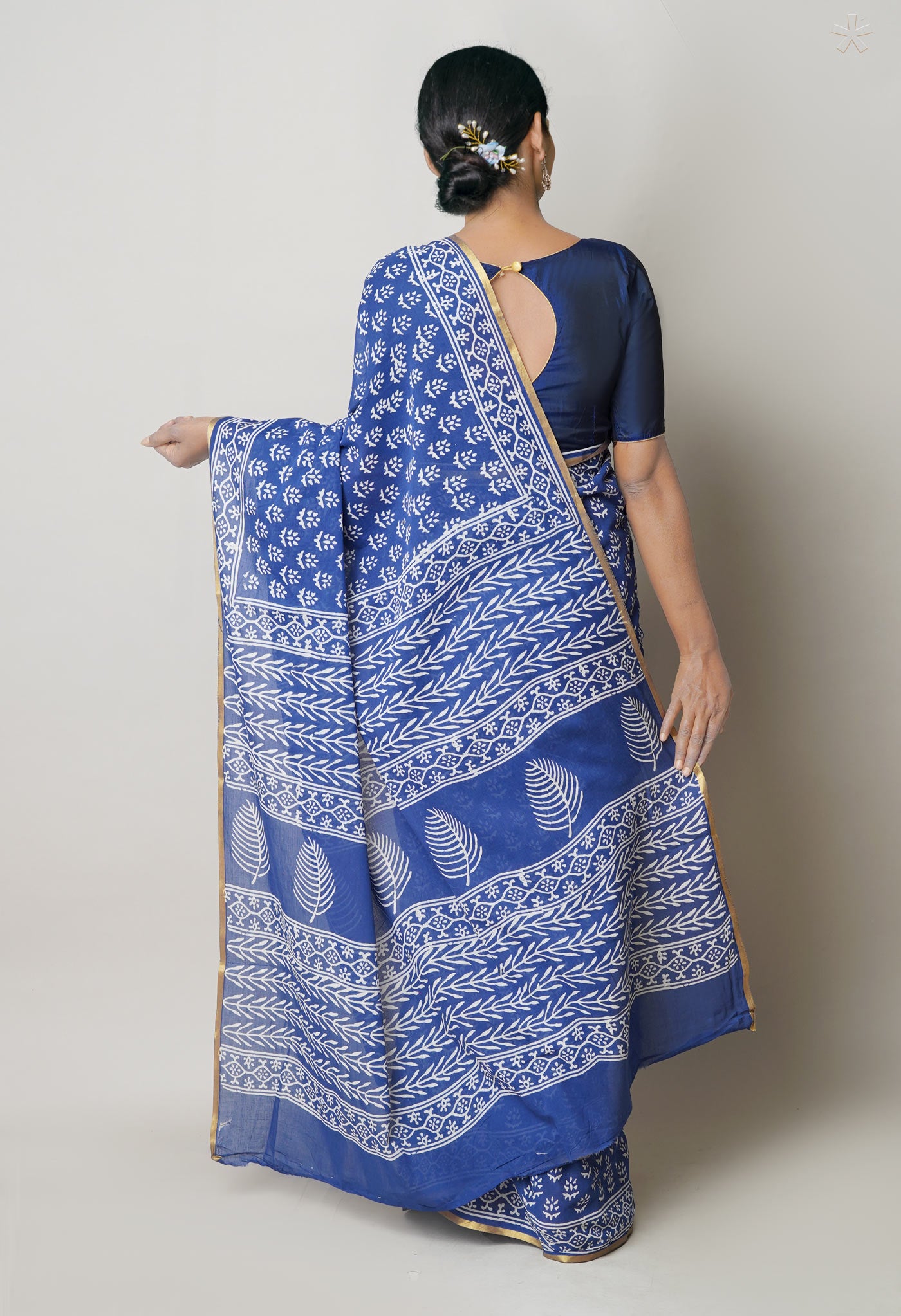 Blue Pure Hand Block Printed Soft Cotton Saree
