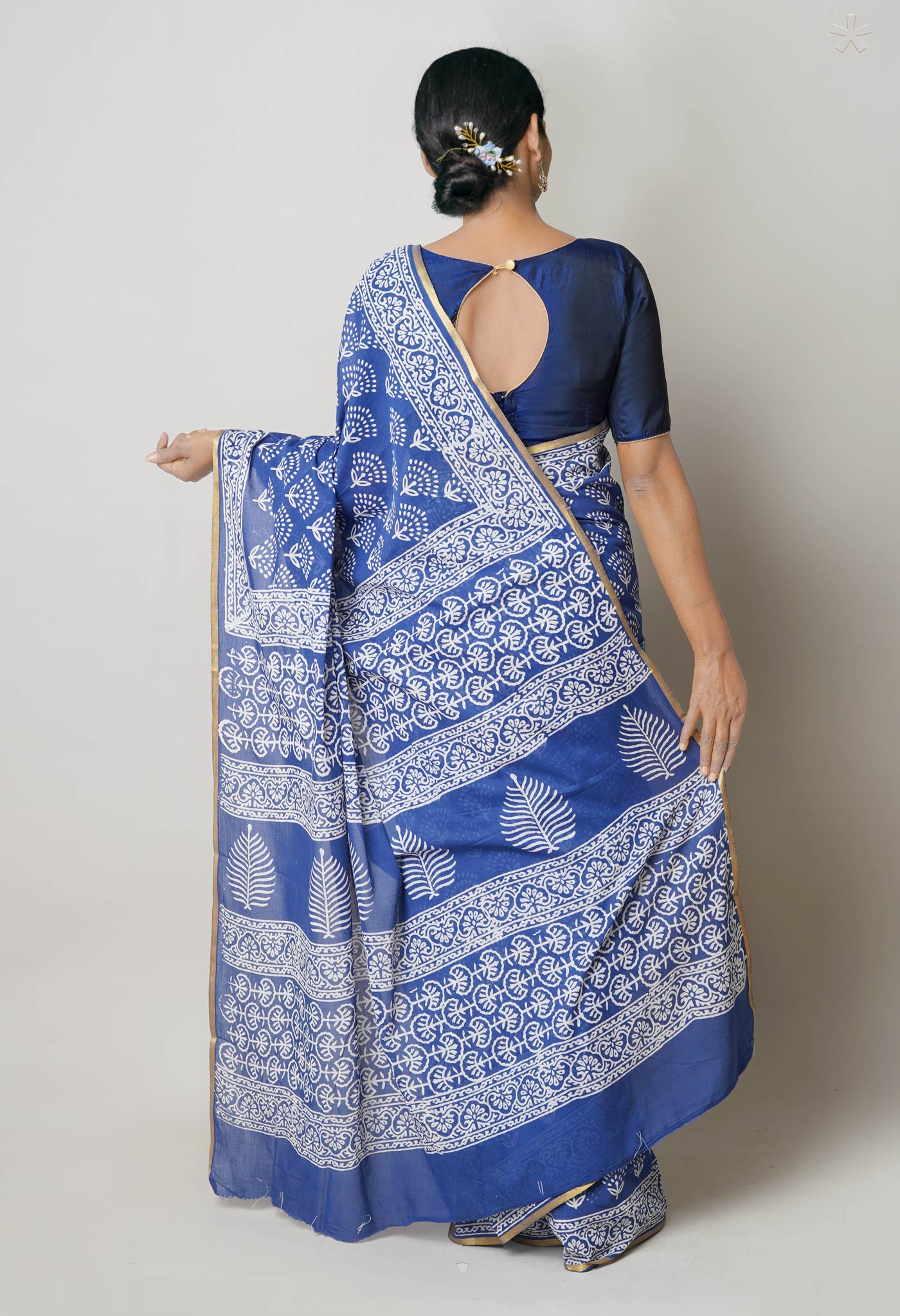 Blue Pure Hand Block Printed Soft Cotton Saree