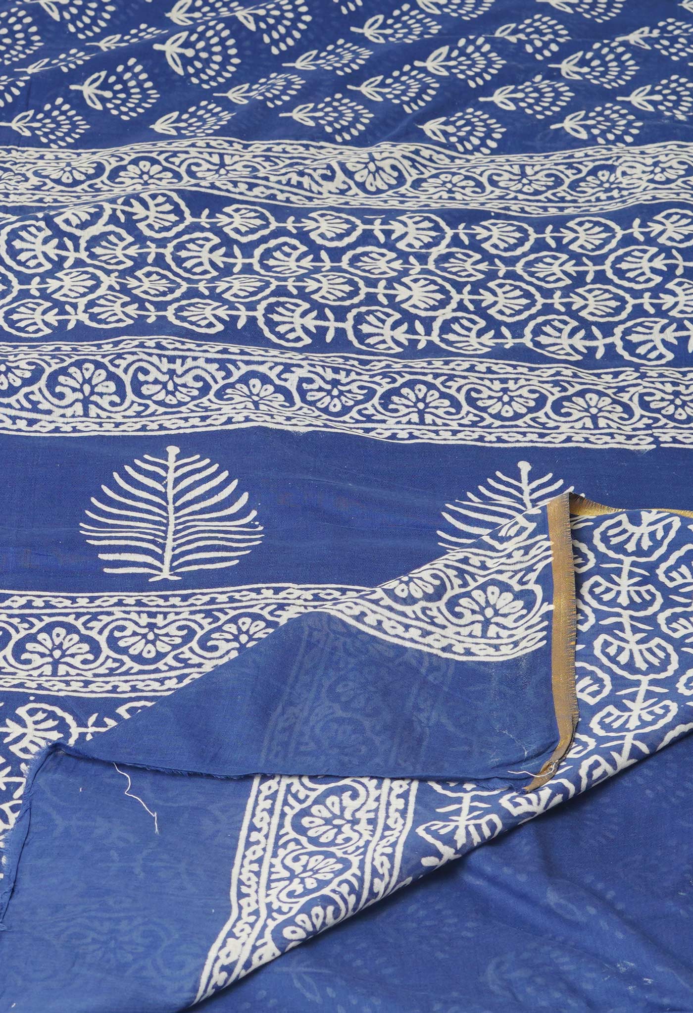 Blue Pure Hand Block Printed Soft Cotton Saree