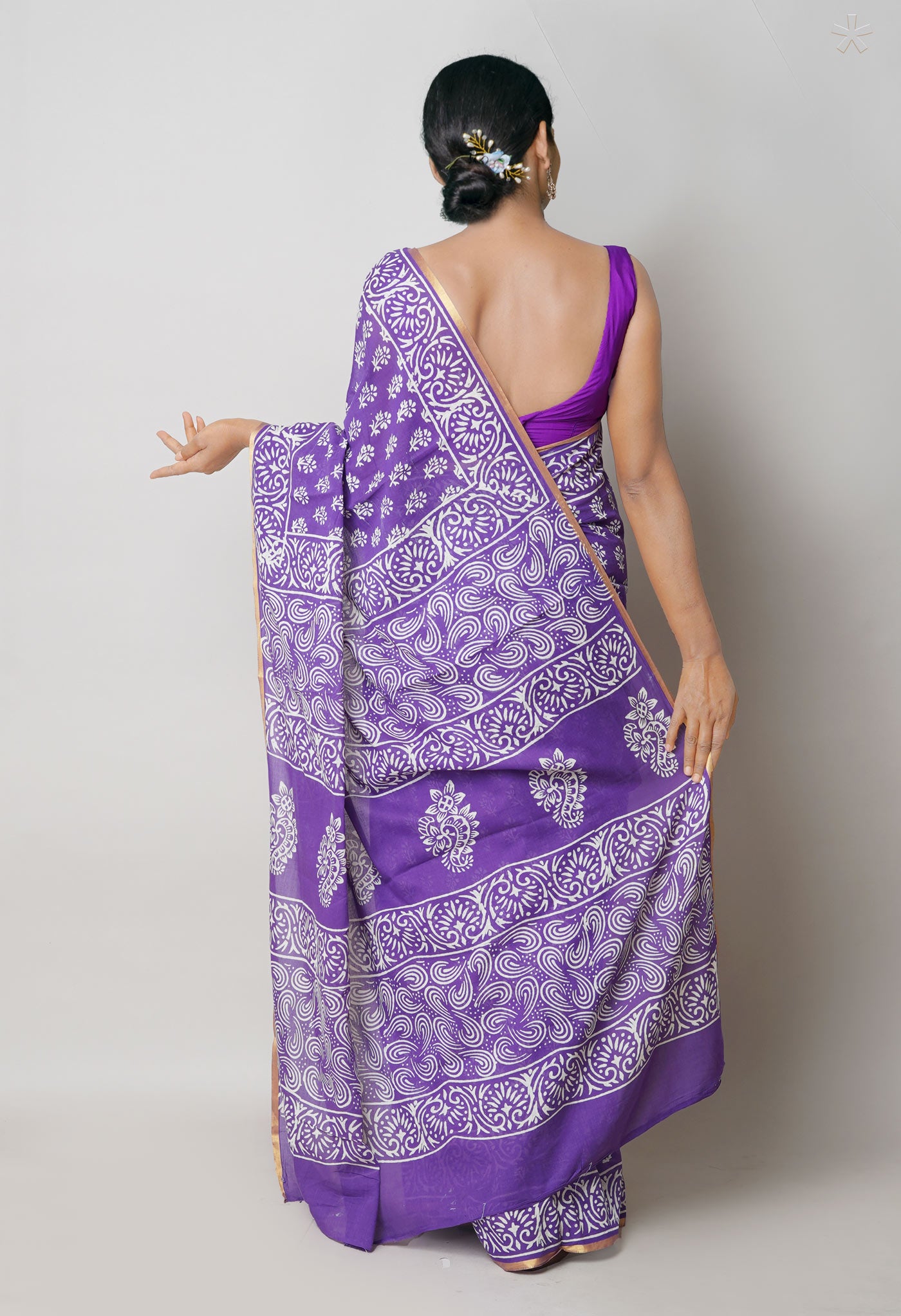 Violet Pure Hand Block Printed Soft Cotton Saree