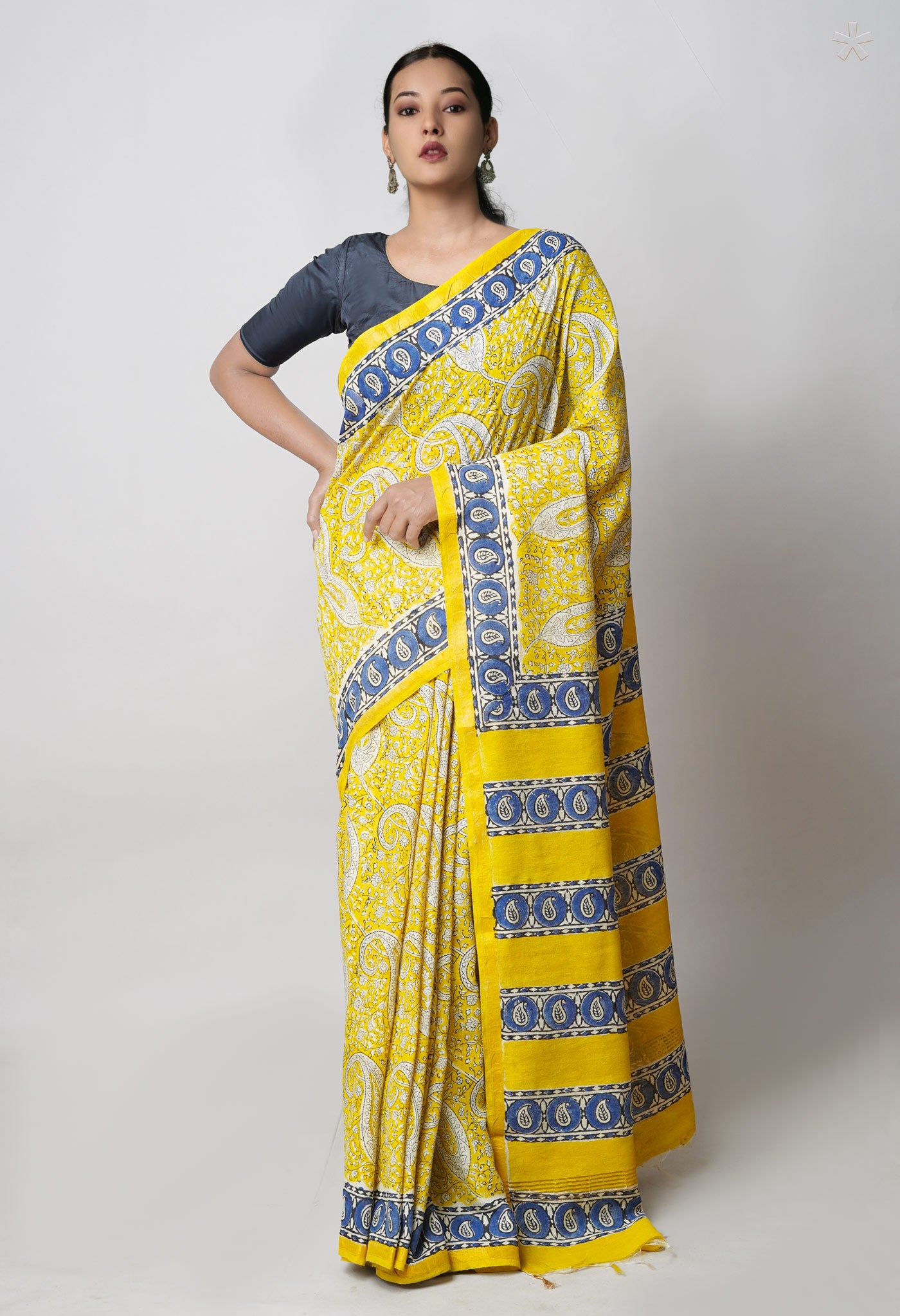 Yellow Pashmina Bagru Printed Cotton Saree
