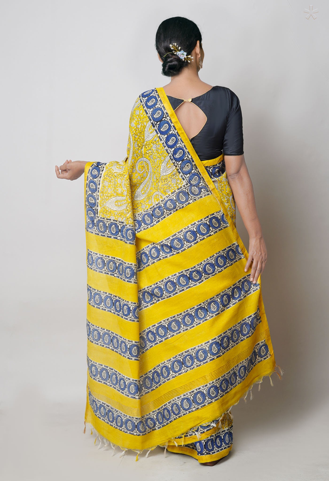 Yellow Pashmina Bagru Printed Cotton Saree