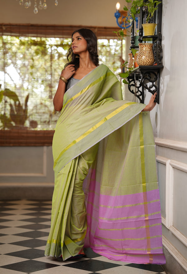 Pale Green-Pink Pure  Cross Weave Mangalgiri Cotton Saree-UNM74181