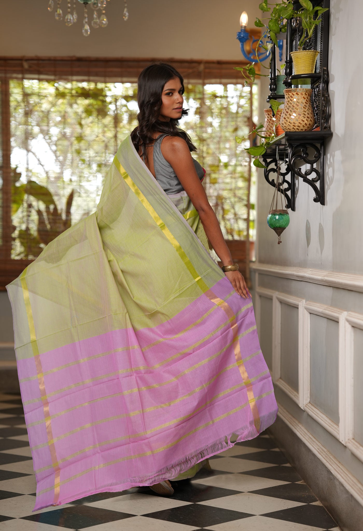 Pale Green-Pink Pure Cross Weave Mangalgiri Cotton Saree