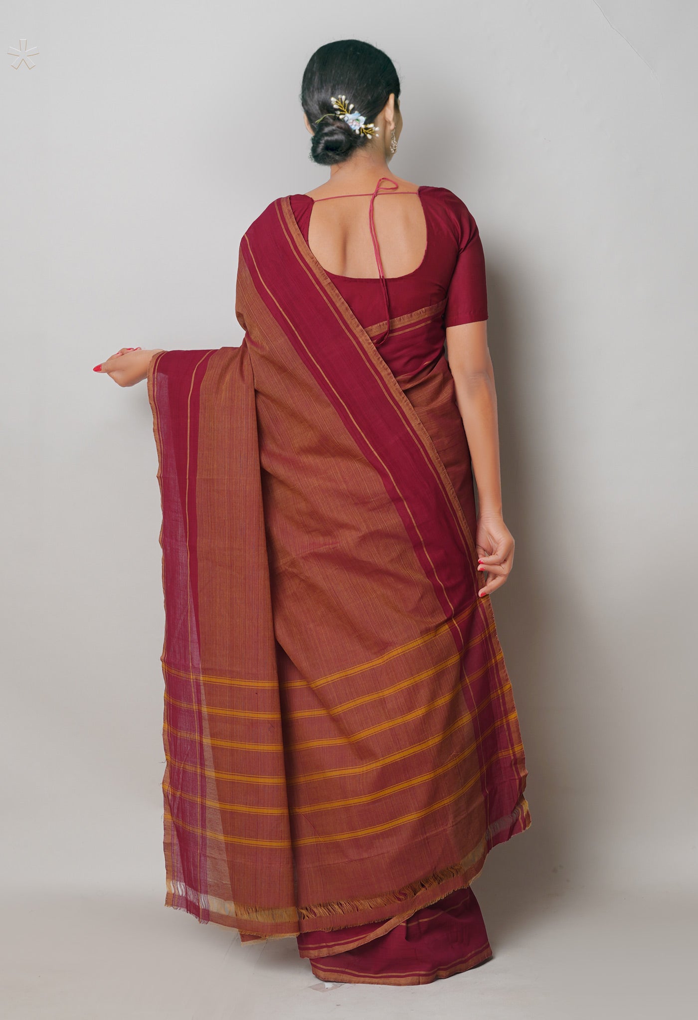 Brown-Maroon Pure Andhra Handloom Cotton Saree