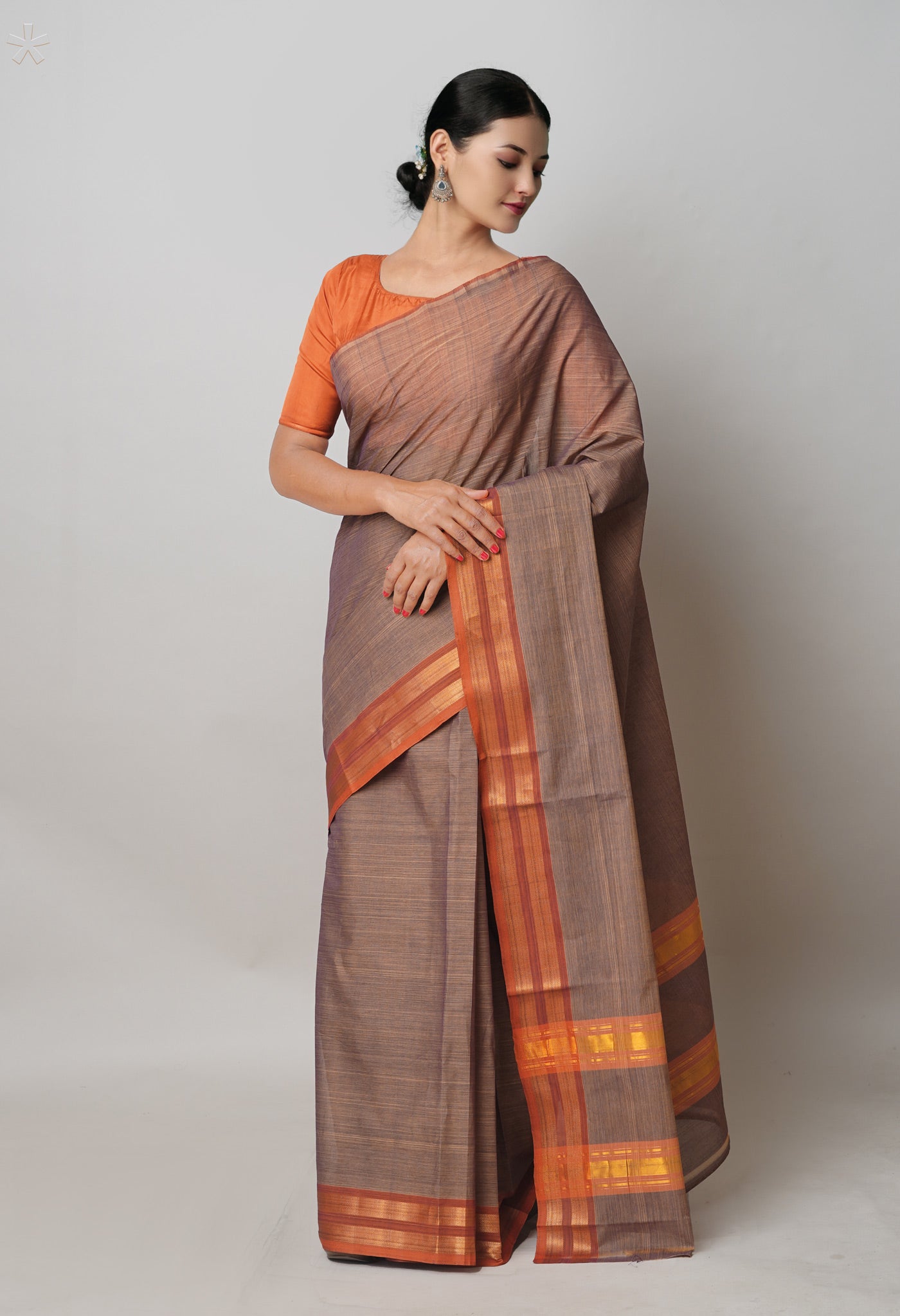 Cream-Orange Pure Andhra Handloom Cotton Saree