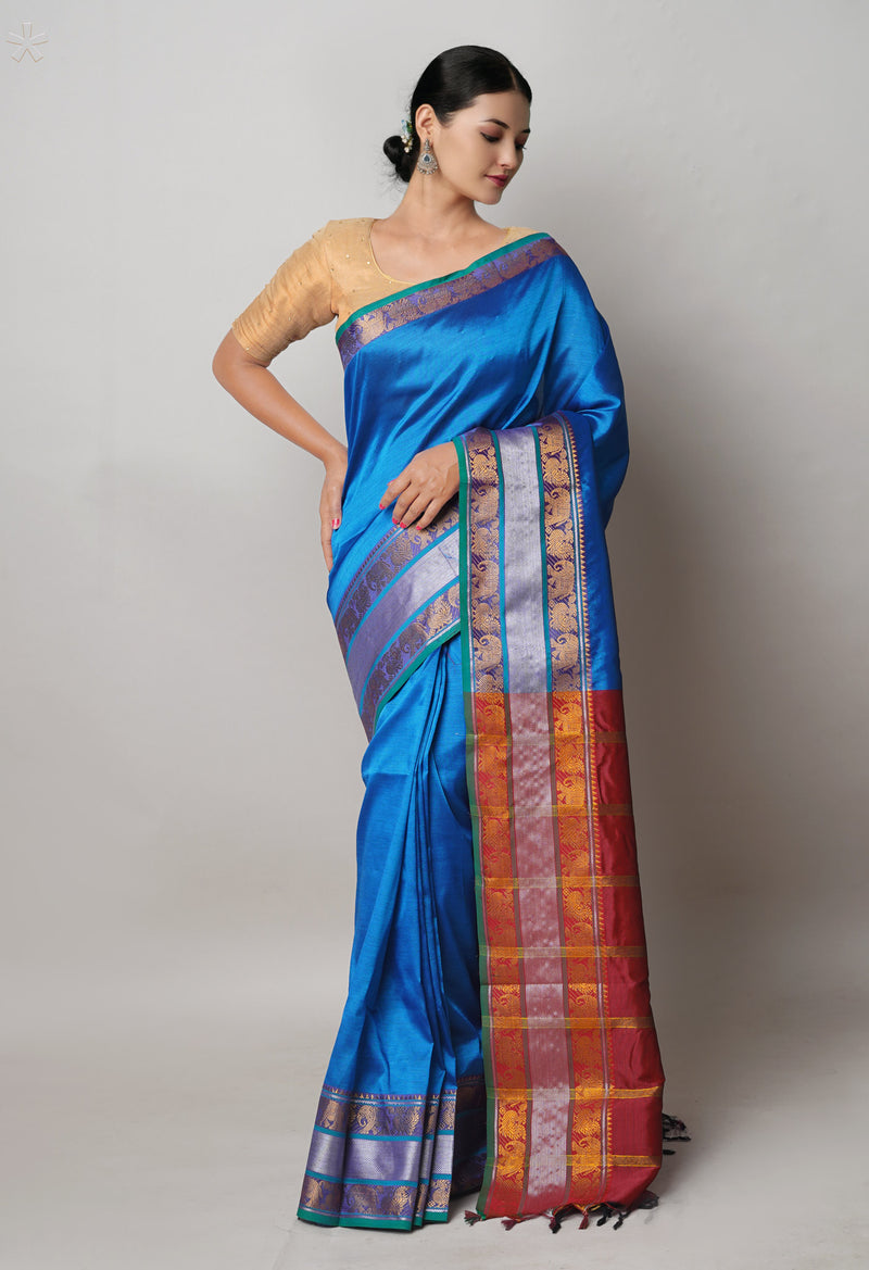 Peacock Blue Pure Handloom Narayanpet Silk Saree-UNM74388