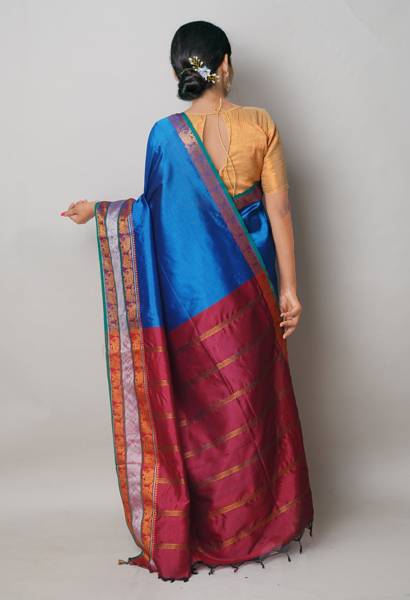 Peacock Blue Pure Handloom Narayanpet Silk Saree-UNM74388