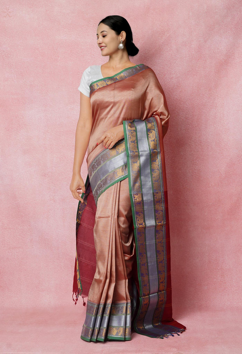 Rose Gold Pure Handloom Narayanpet Silk Saree-UNM74391