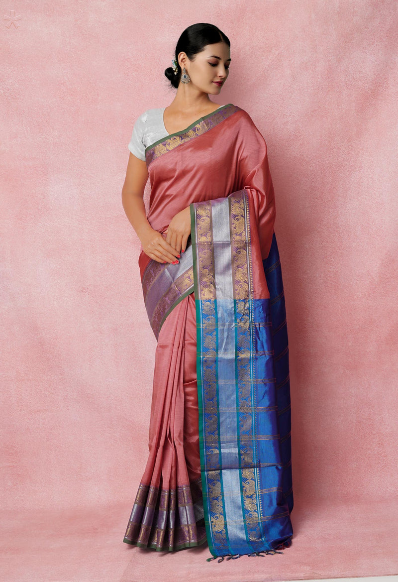 Peach Red Pure Handloom Narayanpet Silk Saree-UNM74393