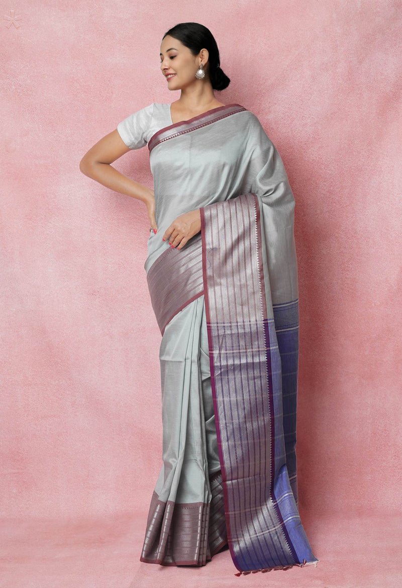 Pale Grey Pure Handloom Mangalgiri Silk Saree-UNM74395
