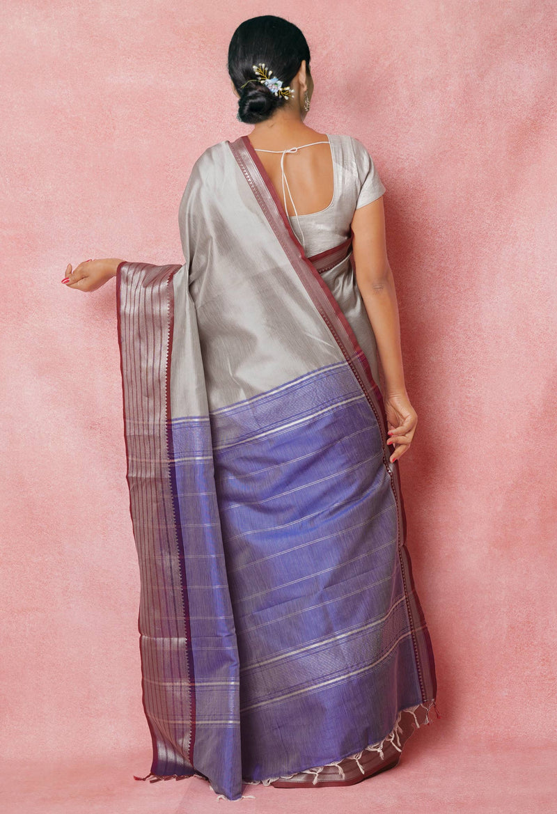 Pale Grey Pure Handloom Mangalgiri Silk Saree-UNM74395