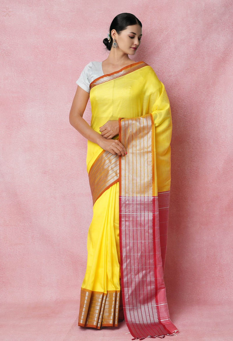 Yellow Pure Handloom Mangalgiri Silk Saree-UNM74398