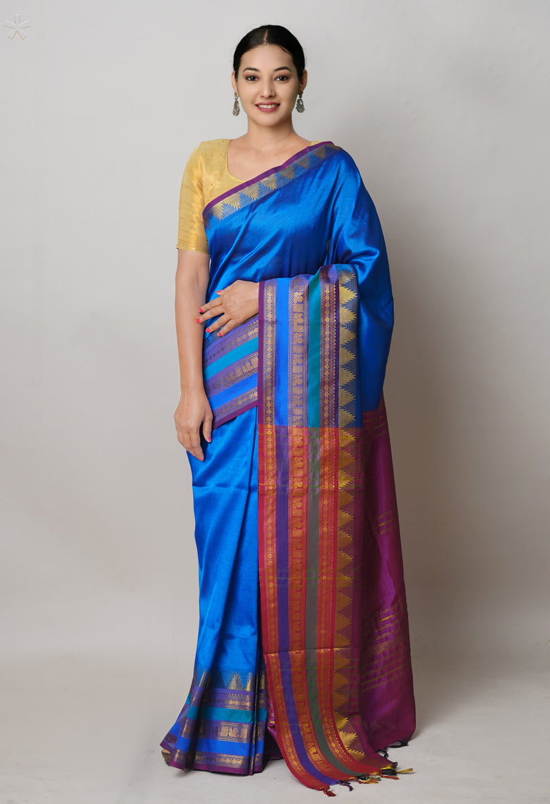 Peacock Blue Pure Handloom Narayanpet Silk Saree-UNM74402