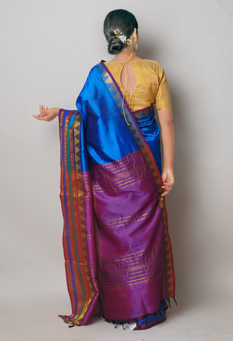 Peacock Blue Pure Handloom Narayanpet Silk Saree-UNM74402