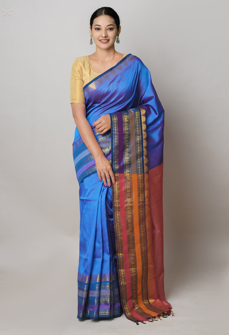 Peacock Blue Pure Handloom Narayanpet Silk Saree-UNM74406