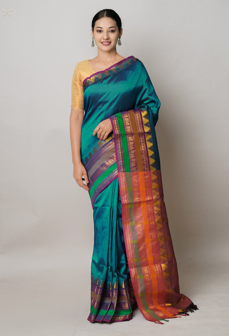 Peacock Green Pure Handloom Narayanpet Silk Saree-UNM74409