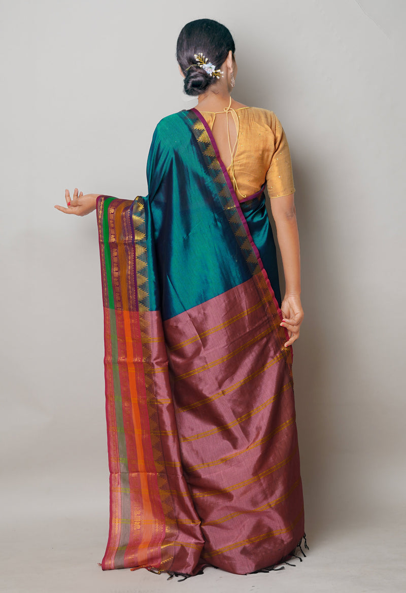 Peacock Green Pure Handloom Narayanpet Silk Saree-UNM74409