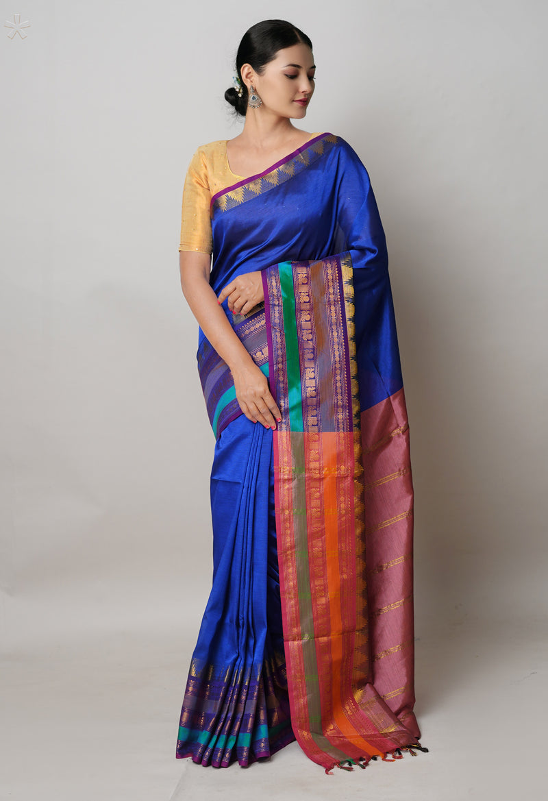 Dark Blue Pure Handloom Narayanpet Silk Saree-UNM74411