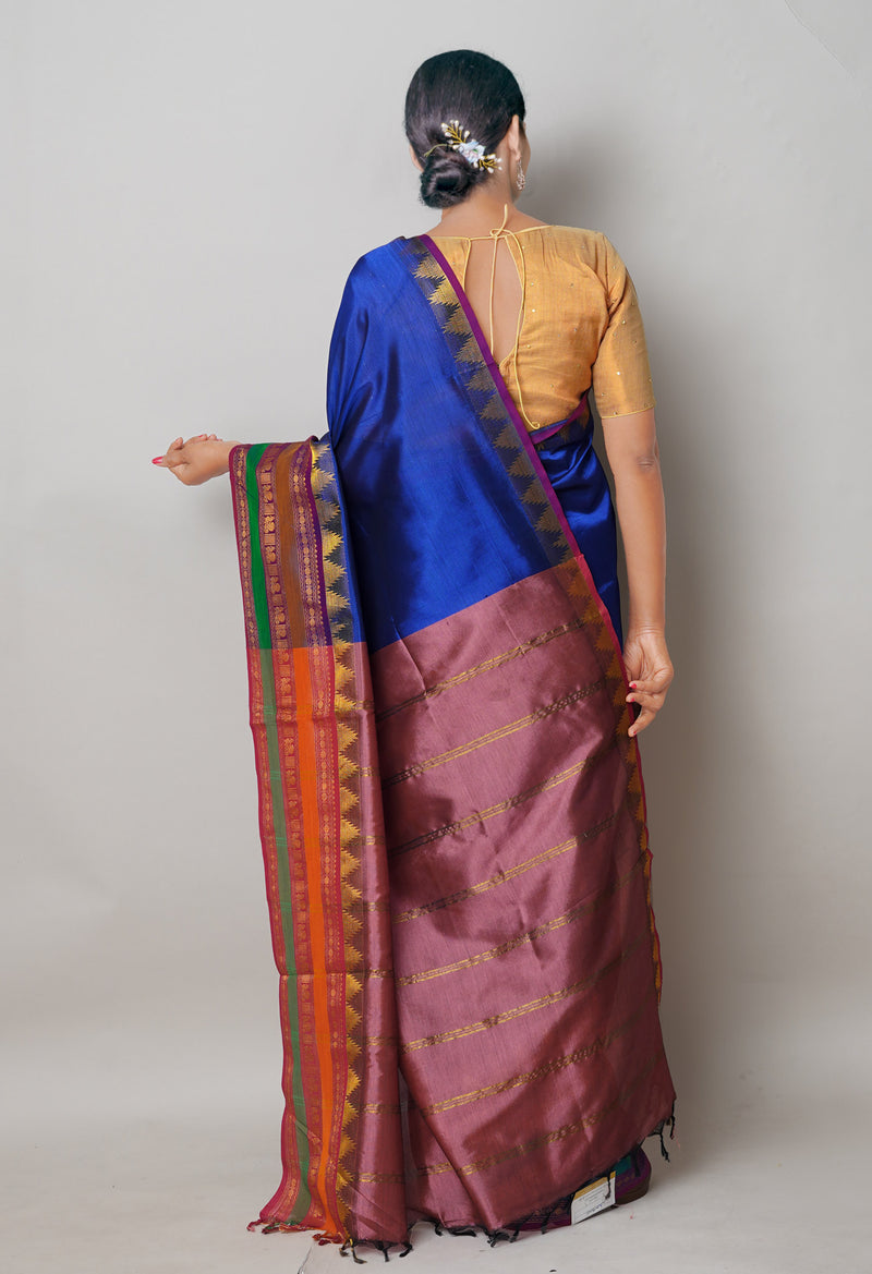 Dark Blue Pure Handloom Narayanpet Silk Saree-UNM74411