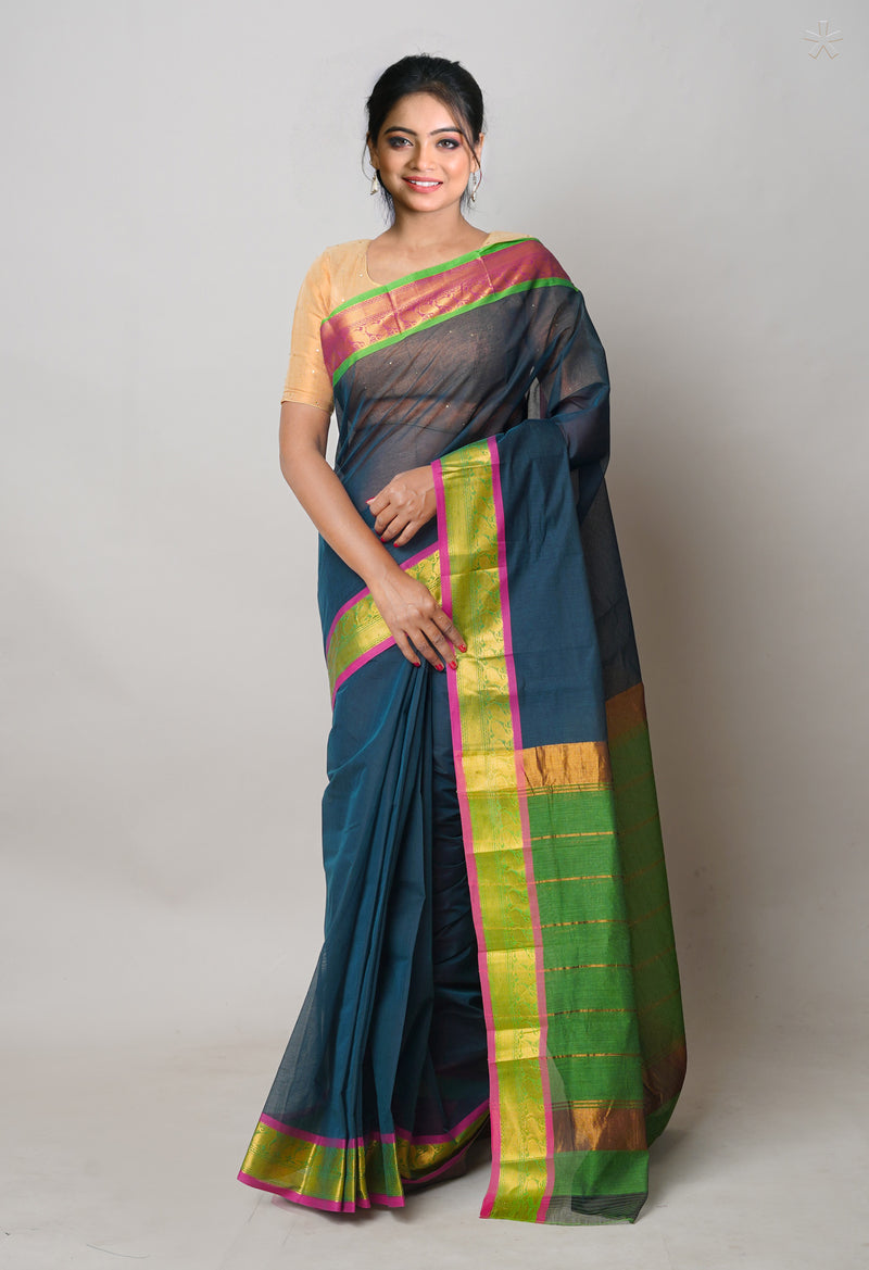 Dark Green Pure Handloom Mangalgiri Cotton Saree-UNM74442