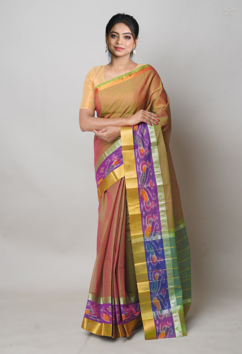 Pink-Green Pure Handloom Mangalgiri Cotton Saree-UNM74450
