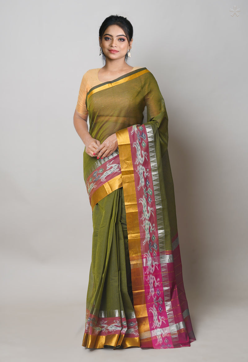 Dark Olive Green Pure Handloom Mangalgiri Cotton Saree-UNM74453
