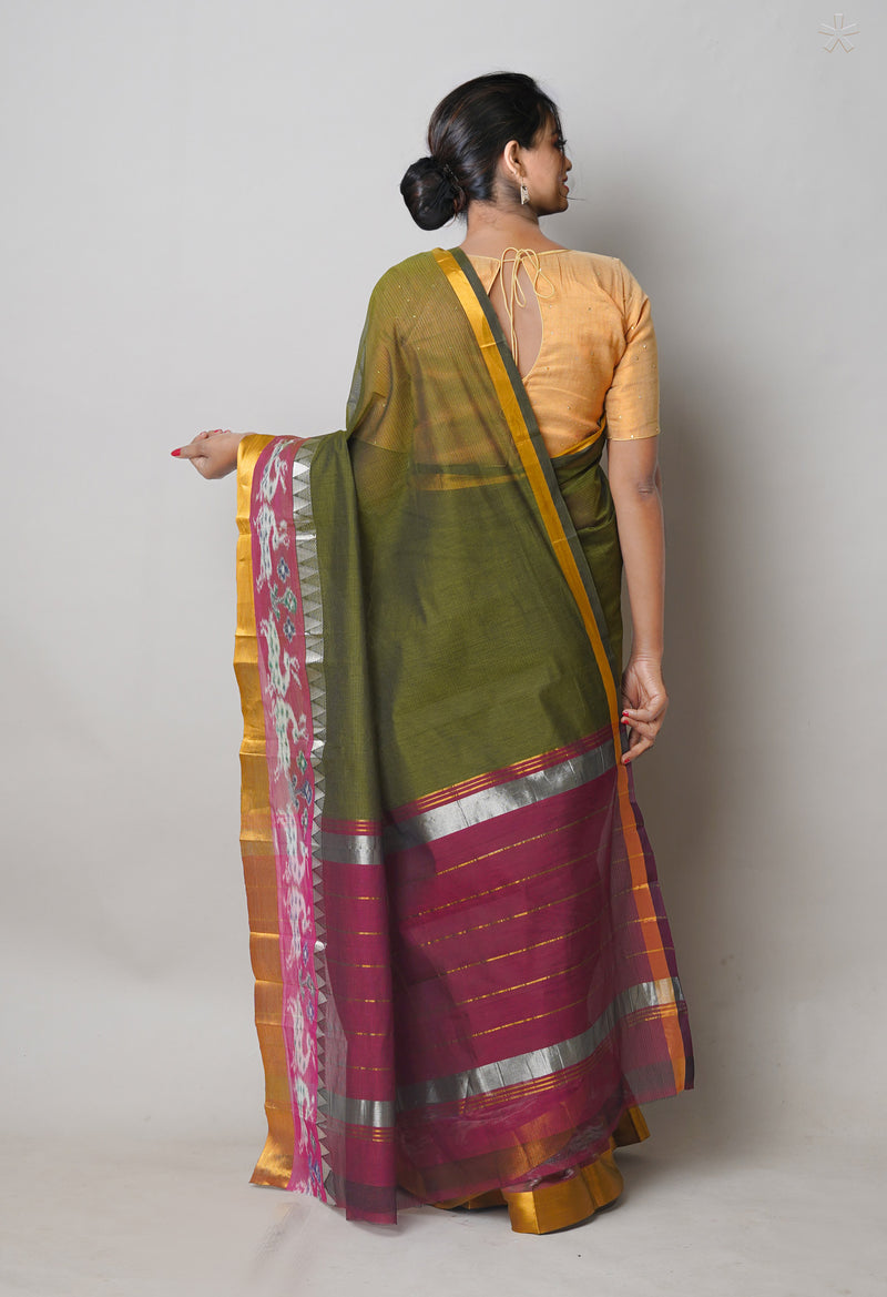 Dark Olive Green Pure Handloom Mangalgiri Cotton Saree-UNM74453