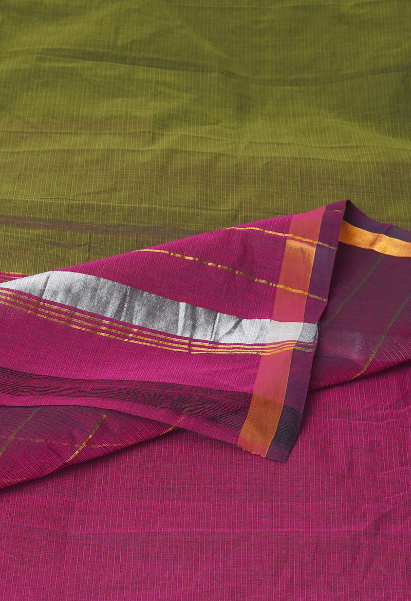 Dark Olive Green Pure Handloom Mangalgiri Cotton Saree-UNM74453