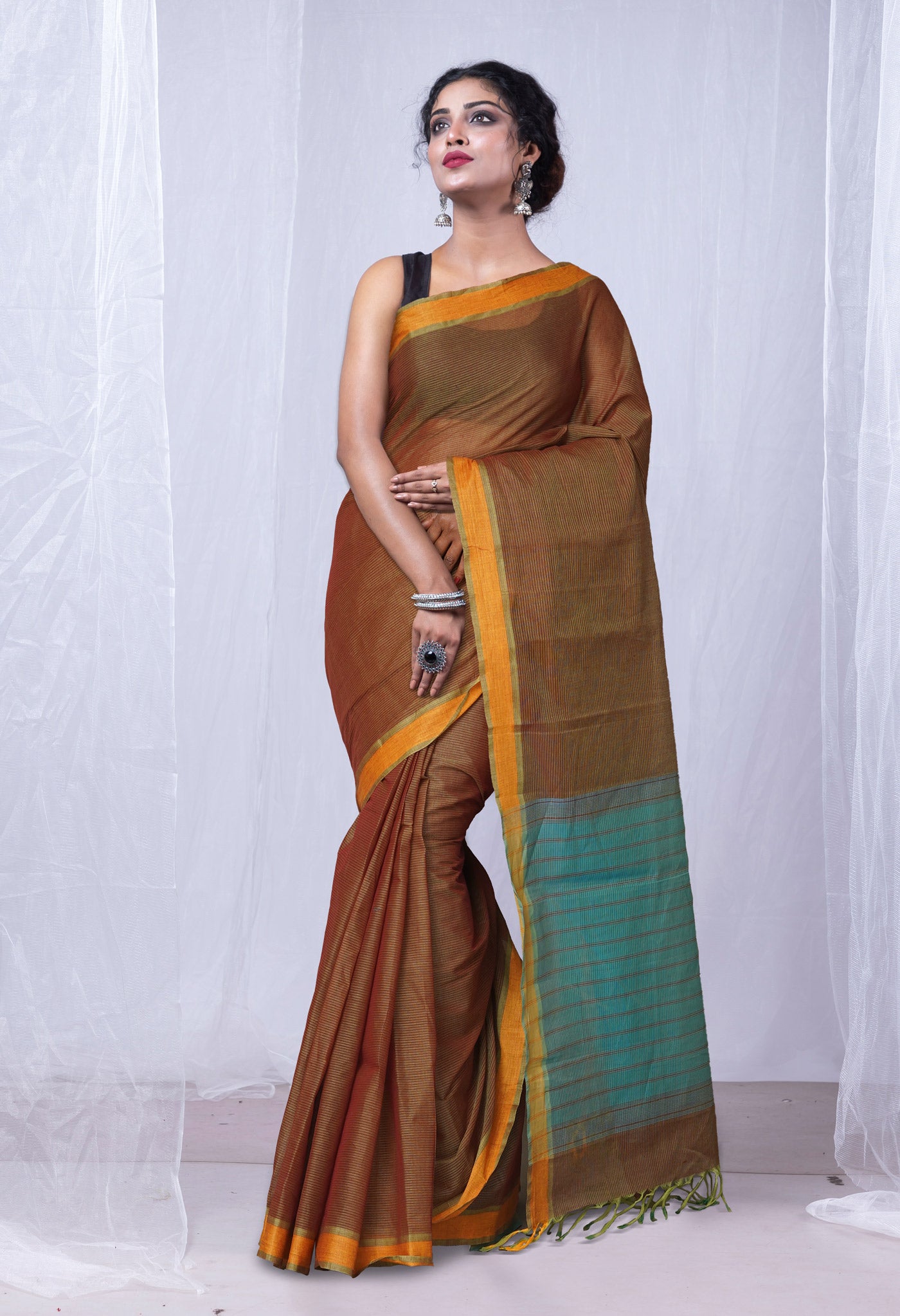 Brown Pure Plain Maheshwari Cotton Saree