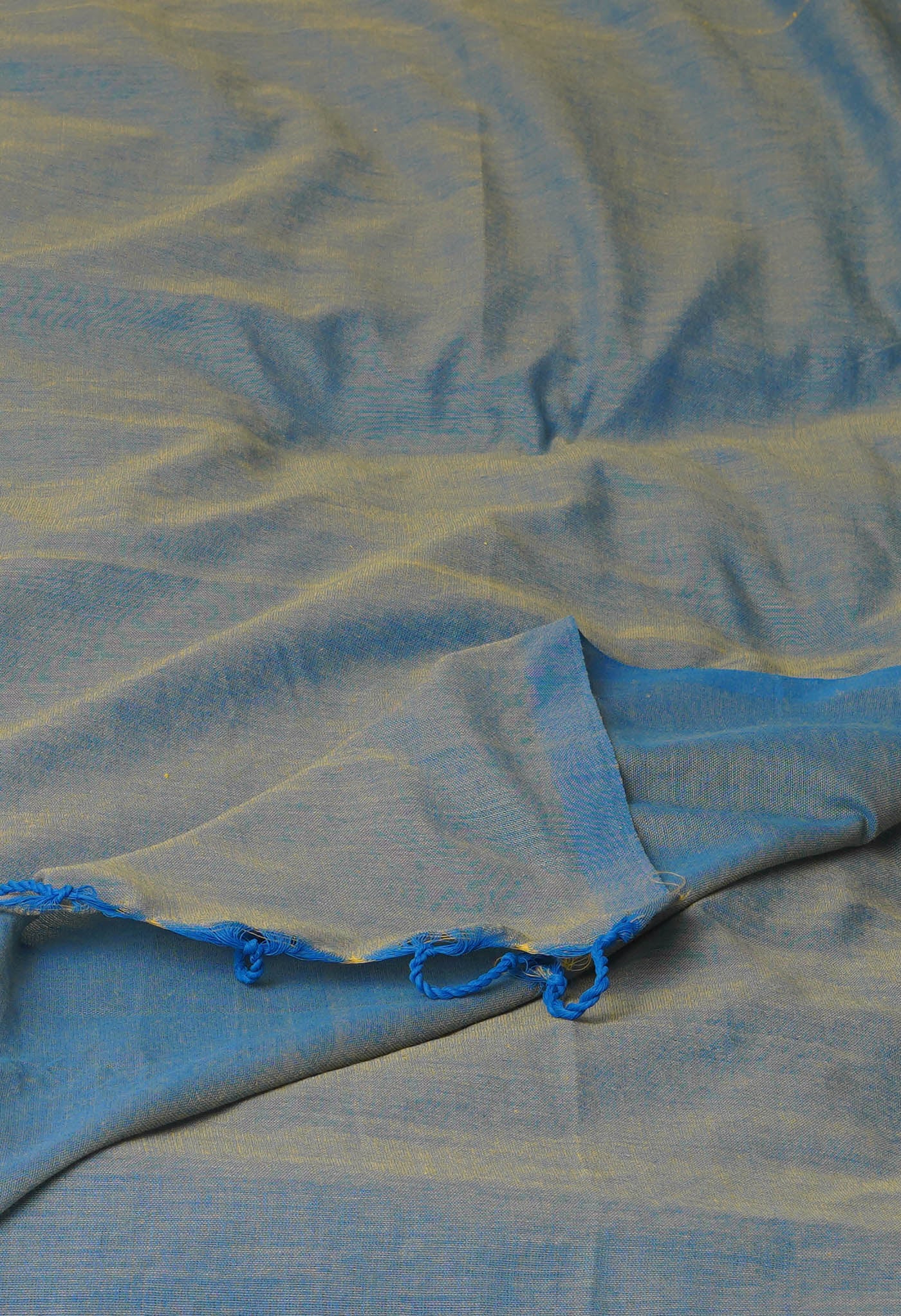 Blue-Yellow Pure Cross Weave Plain Cotton Linen Saree With Tassels