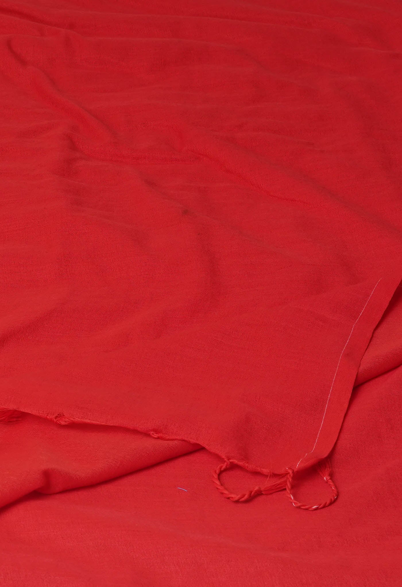 Red Pure Plain Linen Saree With Tassels
