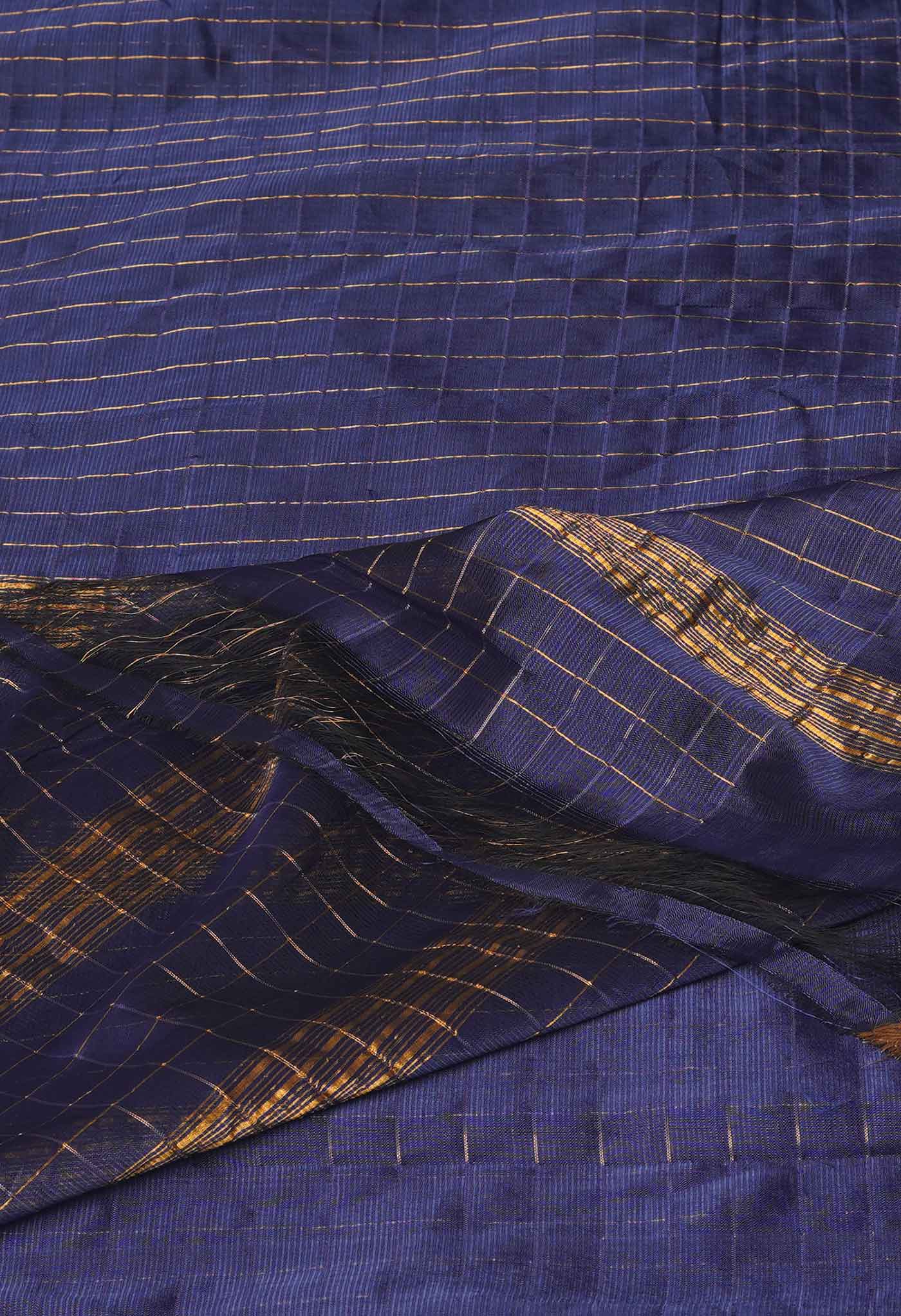 Navy Blue Pure  Zari Weaving Checks Mangalgiri Soft Silk Saree