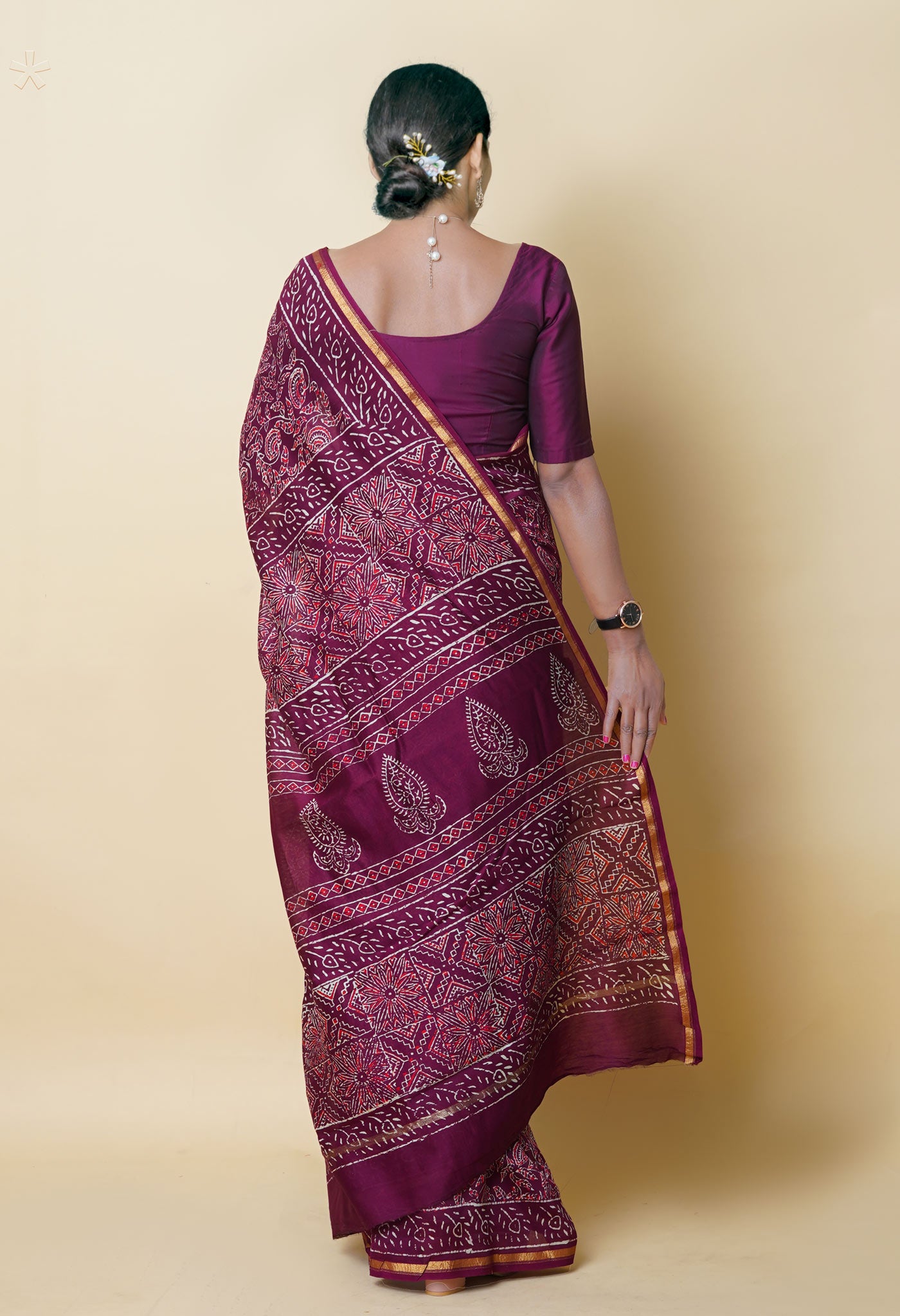 Burgundy Pure  Napthol Hand Block Pinted Chanderi Cotton Saree