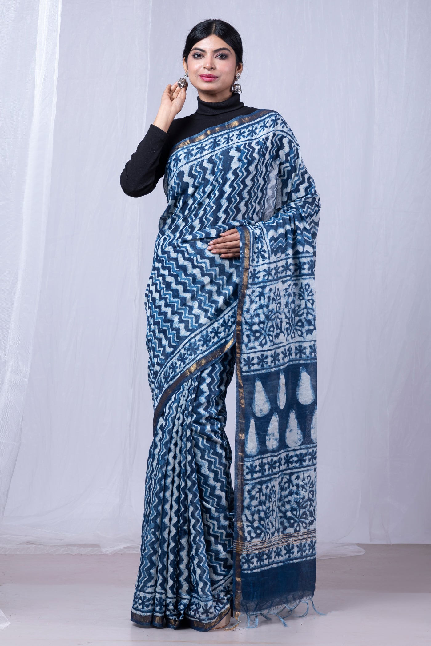 Indigo Blue-White Pure  Pashmina Block Printed Chanderi Sico Saree
