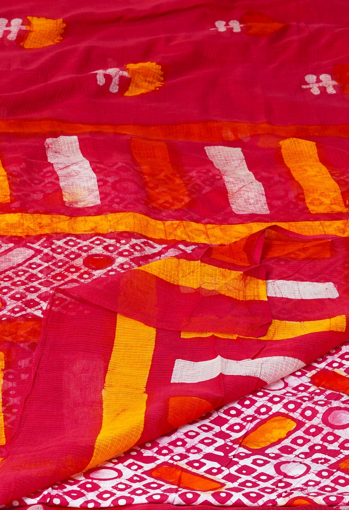 Red Pure  Batik Printed Kota Saree-UNM75996