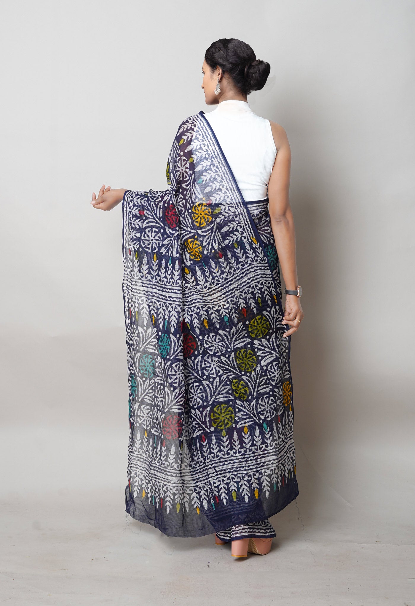Navy Blue Pure  Batik Printed Kota Saree