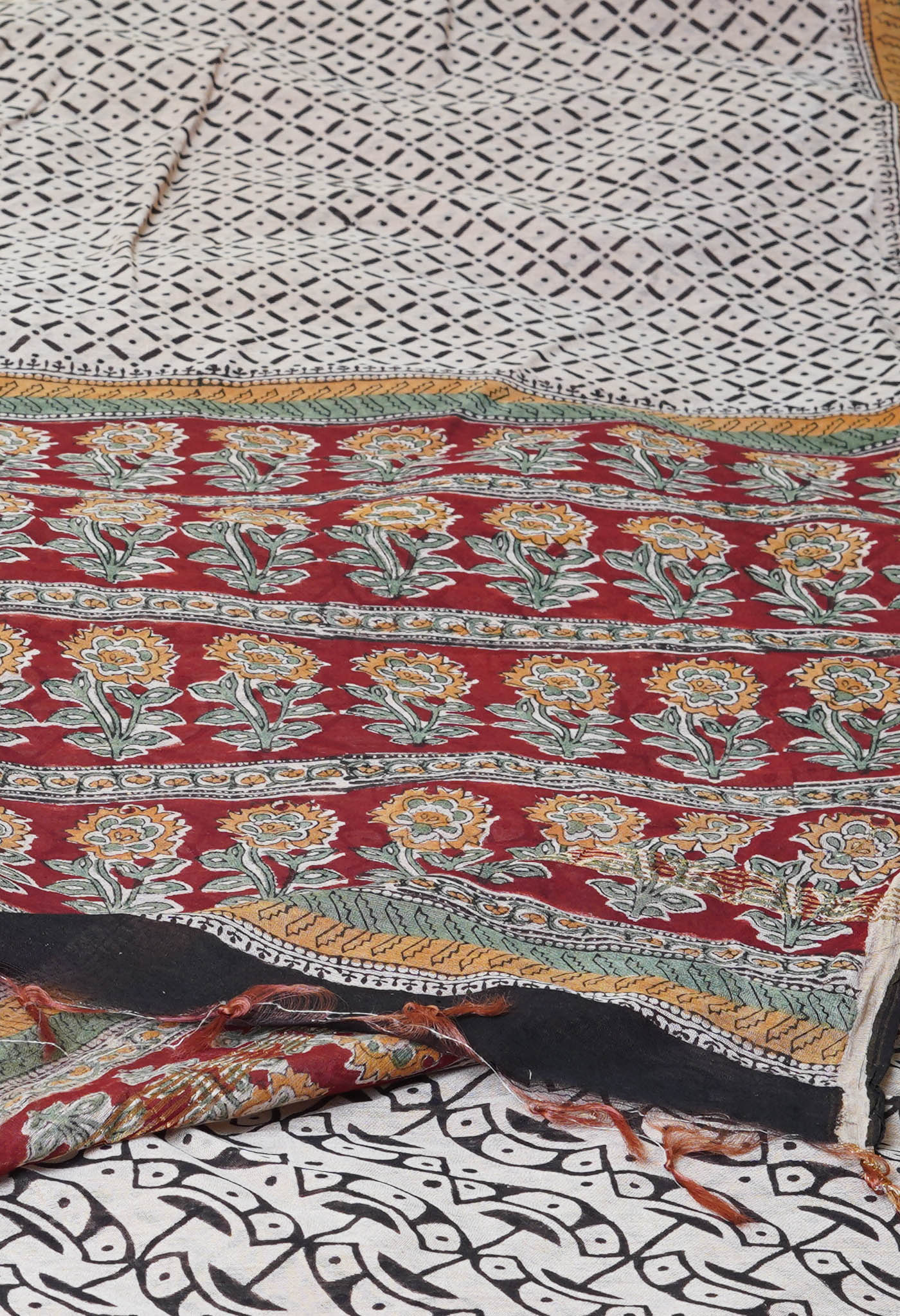 Ivory Pure Traditional Bagru Printed Pashmina Chanderi Sico Saree