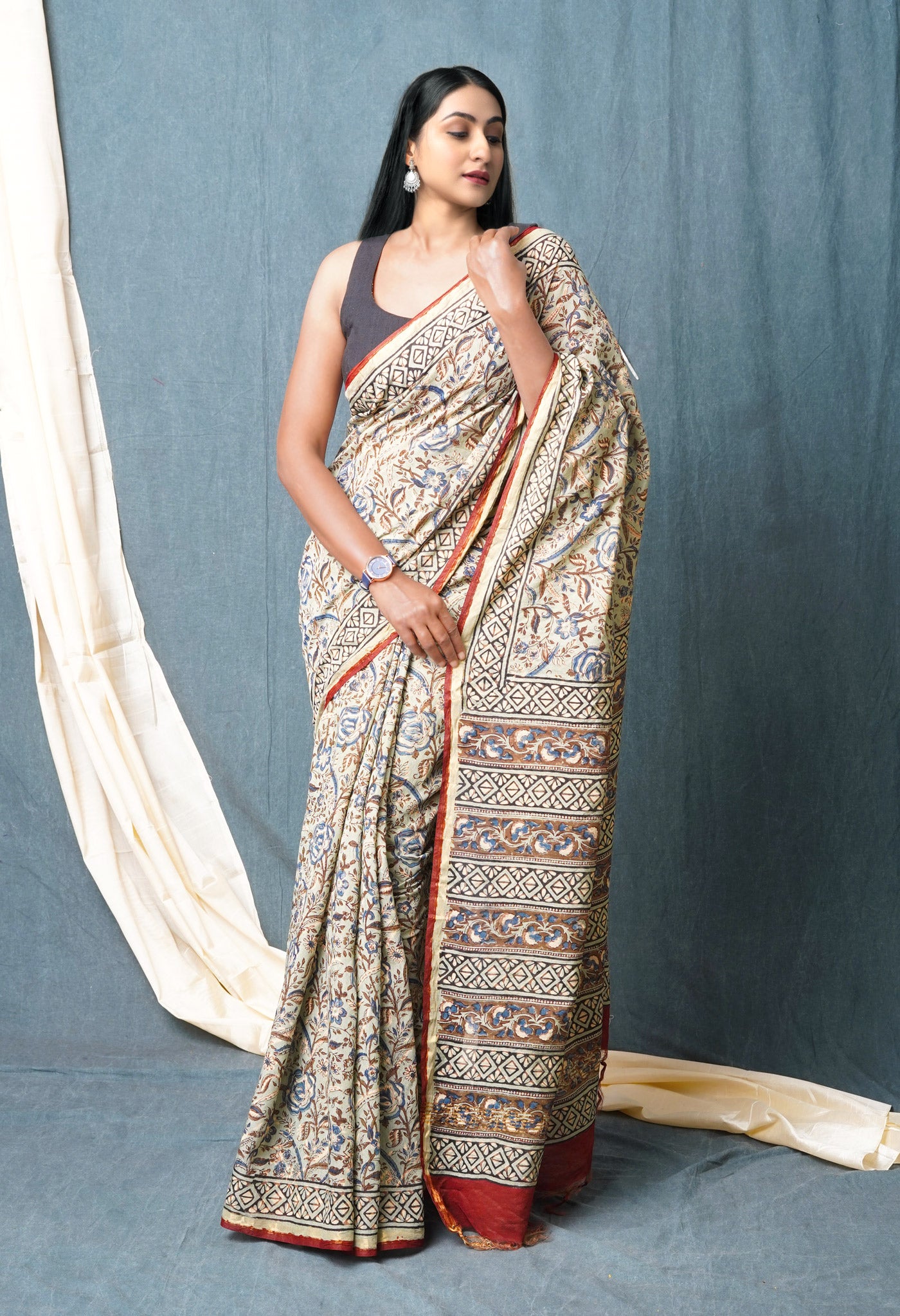 Blue Pure Discharge Bagru Printed Pashmina Chanderi Sico Saree