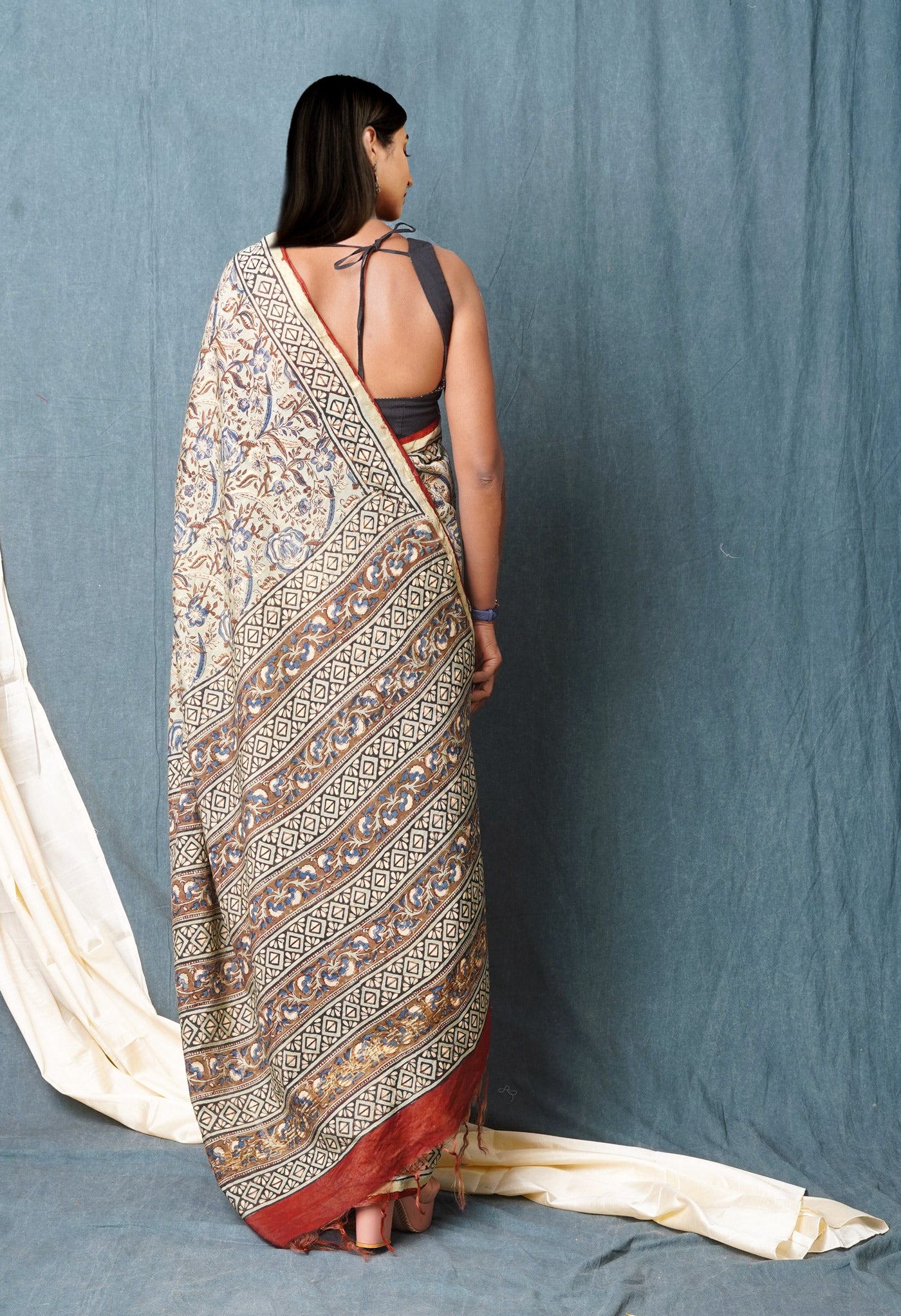 Blue Pure Discharge Bagru Printed Pashmina Chanderi Sico Saree